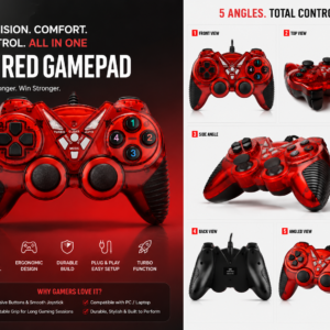 Red Transparent Wired USB Game Controller | Dual Analog Gamepad | Plug & Play for PC & Laptop