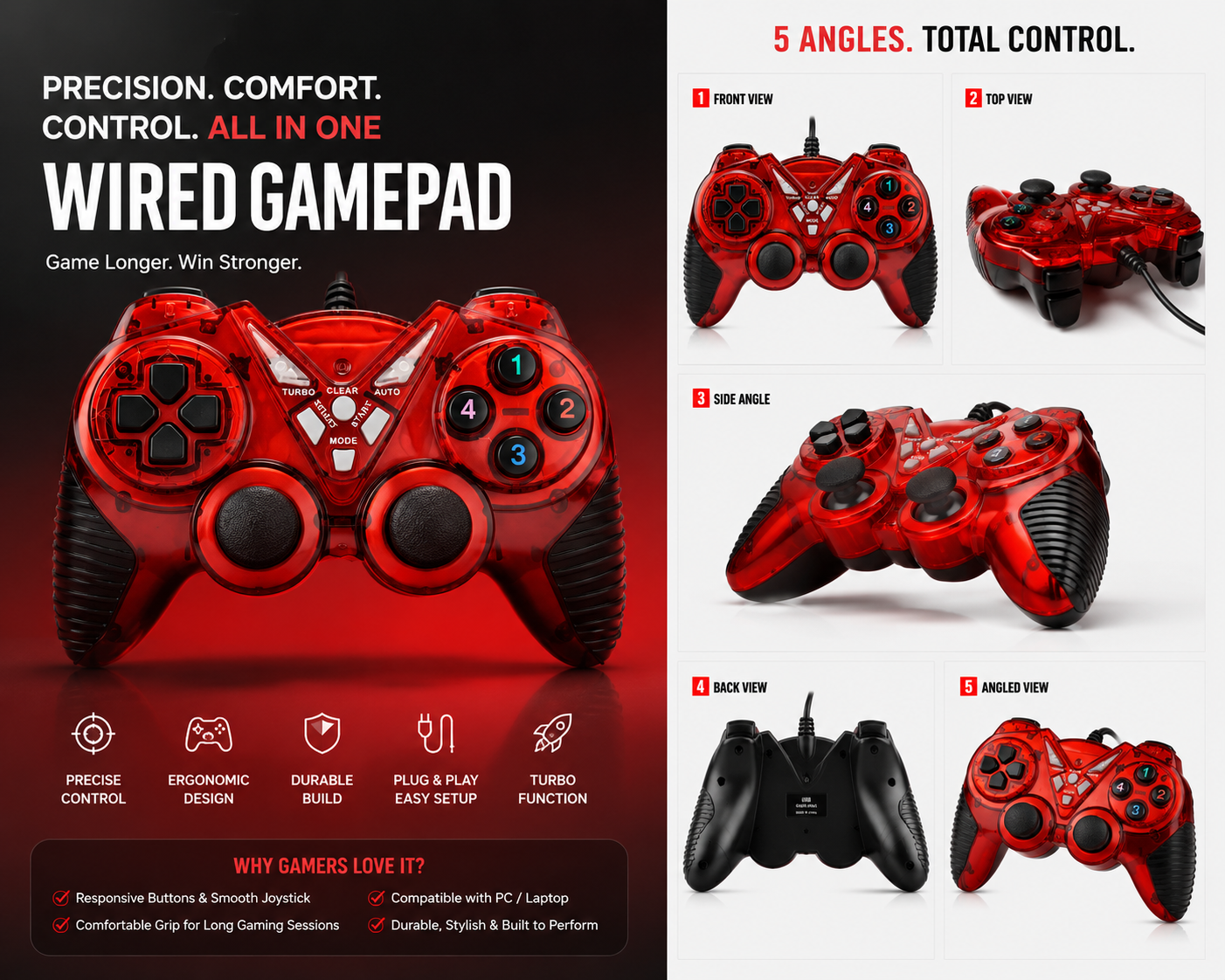 Red Transparent Wired USB Game Controller | Dual Analog Gamepad | Plug & Play for PC & Laptop