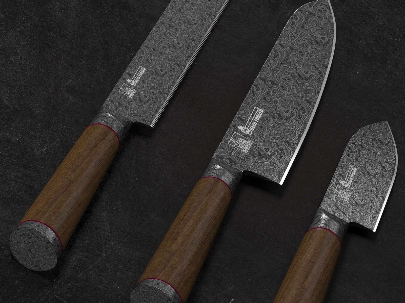 Set of beautifully crafted Damascus steel knives with wooden handles, perfect for professional chefs.